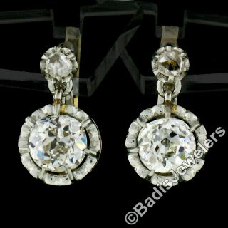 FRENCH Antique Edwardian Platinum 18k Gold 1.  38ct Old Mine Diamond Drop Earrings 2