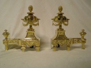 Pair French Antique Brass Bronze Ormolu Louis XVI Andirons Chenets 18th.  C 2