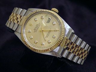 Rolex Datejust Mens 2tone 18k Gold & Stainless Steel Champagne Diamond 16013