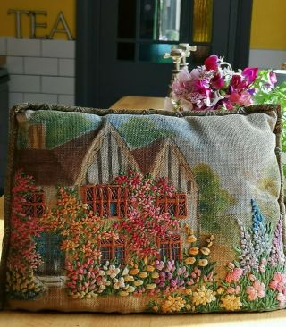 Detailed Vintage Hand Embroidered And Painted Cottage Garden Large Tea Cosy 30s