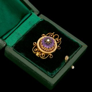 Antique Vintage Nouveau 18k Gold Rose De France Amethyst Seed Pearl Pin Brooch