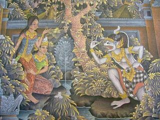 Large 25 " X 19 " Vintage Painting Canvas Bali Balinese Indonesian