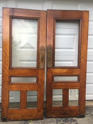 1903 Pair Antique Hotel Wood Saloon Double Entry Doors W / Glass 2