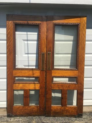 1903 Pair Antique Hotel Wood Saloon Double Entry Doors W / Glass 7