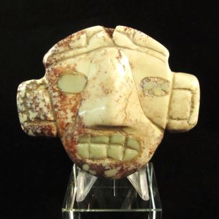 Ancient Pre - Columbian Aztec Carved Stone Pendant Mask W/ Jade Inlaid Stones