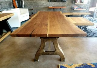 Black Walnut Live Edge Table With Brass Inlay.  Antique Brass Plated Lathe Legs.