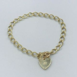 Vintage 9ct Yellow Gold Curb Link Charm Bracelet With Heart Lock Fastener 419
