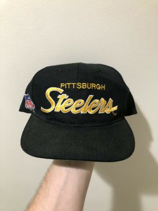 Vintage Pittsburgh Steelers Sports Specialties Black Wool Script Snapback Hat
