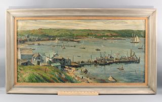 Large Antique Harry Shokler Oil Painting,  Mantauk Harbor Long Island York