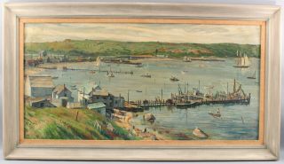 Large Antique HARRY SHOKLER Oil Painting,  Mantauk Harbor Long Island York 2