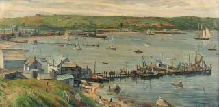 Large Antique HARRY SHOKLER Oil Painting,  Mantauk Harbor Long Island York 3
