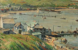 Large Antique HARRY SHOKLER Oil Painting,  Mantauk Harbor Long Island York 4