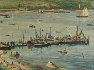 Large Antique HARRY SHOKLER Oil Painting,  Mantauk Harbor Long Island York 5