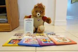 Vintage 1985 Teddy Ruxpin Stuffed Bear With 4 Books & Cassettes
