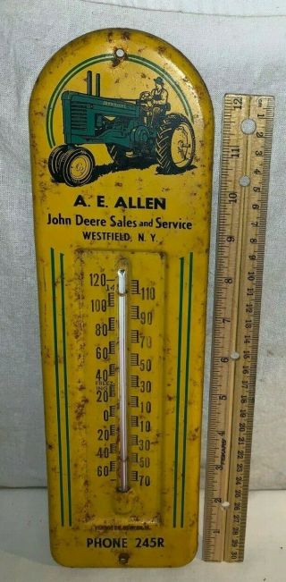 Antique John Deere Tin Litho Thermometer Sign Vintage Tractor Westfield Ny Farm