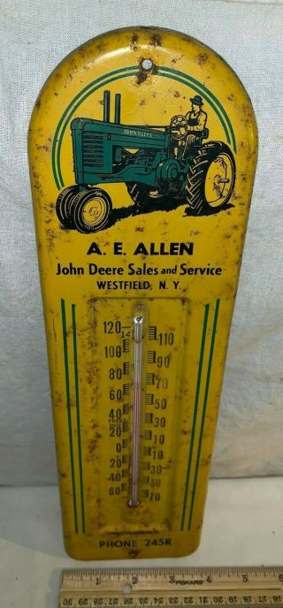 ANTIQUE JOHN DEERE TIN LITHO THERMOMETER SIGN VINTAGE TRACTOR WESTFIELD NY FARM 2