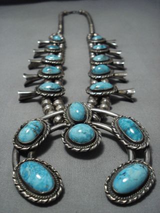 Quality Vintage Navajo Turquoise Sterling Silver Squash Blossom Necklace