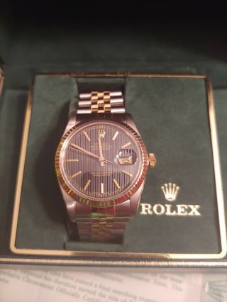 Rolex Datejust 18k Two Tone Grey Tapestry Dial Watch Mens
