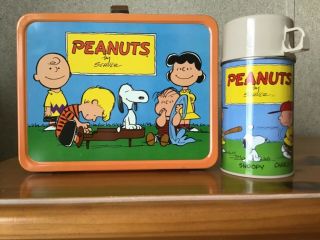 Vintage 1966 Peanuts (orange Rim) Lunchbox And Thermos