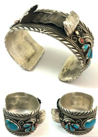 Vintage Navajo Sterling Silver Turquoise And Red Coral Watch Cuff Bracelet