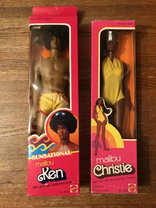 Rare Vintage Mattel 1975 Malibu Christie And 1981 Sunsational Malibu Ken.  Nrfb.