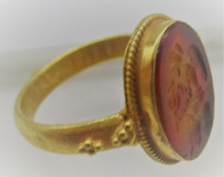 Scarce Ancient Roman High Carat Gold Ring With Carnelian Intaglio Winged Nike