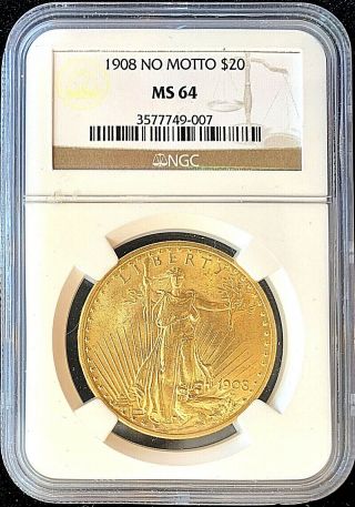 1908 No Motto $20 American Gold Eagle Saint Gaudens Ms64 Ngc Coin Rare Date