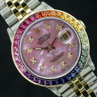Rolex Mens Watch Datejust 16013 36mm Pink Mop W Diamonds Rainbow Sapphire Bezel