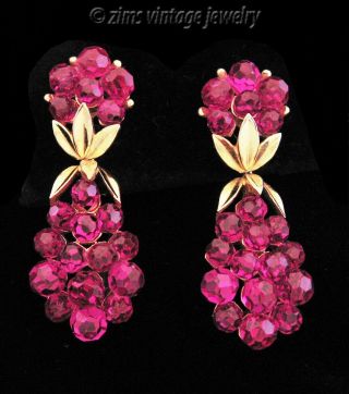 Vintage 1960’s Crown Trifari Briolette Crystal Fuschia Pink Gold Dangle Earrings