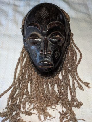Vintage Hand Carved Wooden African Tribal Mask With Raffia,  African Art