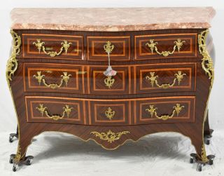 French Louis Xv Style Bombe Marble Top Chest Commode Inlays Brass Ormolu