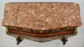 French Louis XV Style Bombe Marble Top Chest Commode Inlays Brass Ormolu 2