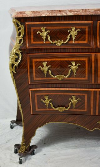 French Louis XV Style Bombe Marble Top Chest Commode Inlays Brass Ormolu 3