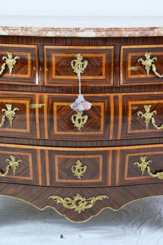 French Louis XV Style Bombe Marble Top Chest Commode Inlays Brass Ormolu 4
