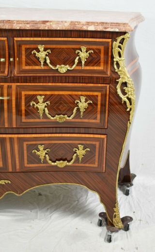 French Louis XV Style Bombe Marble Top Chest Commode Inlays Brass Ormolu 5