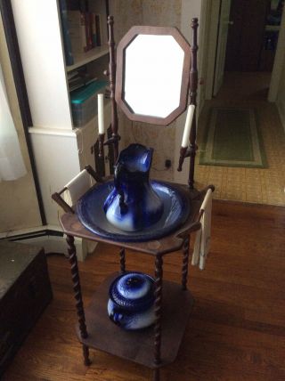 Vintage Wash Basin Stand With Bowl,  Pitcher,  And Chamber Pot