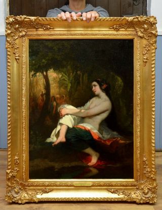 Fine Large Antique Mid 19thc Oil Painting Orientalist Nude In Landscape