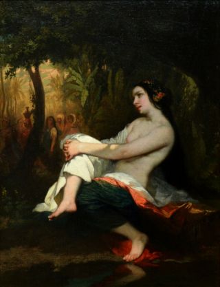 Fine Large Antique Mid 19thC Oil Painting Orientalist Nude in Landscape 3