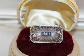 Antique Art Deco 14k White Gold Sapphire & Diamond Camphor Glass Pin Brooch