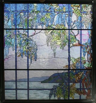Vintage Mma Tiffany Stained Glass Window Panel “view Of Oyster Bay” Pewter Frame