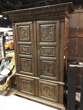 RARE 19th Century LARGE Antique Carved French PEASANT ARMOIRE Old Cabinet France 12