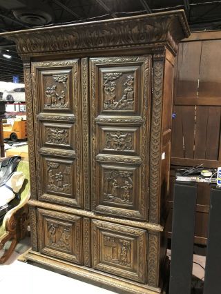 Rare 19th Century Large Antique Carved French Peasant Armoire Old Cabinet France