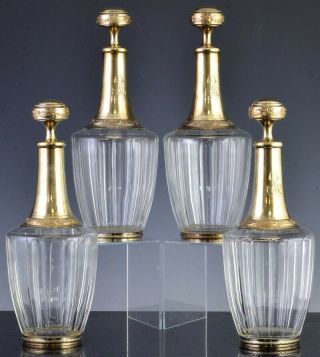 4 Exceptional French Gilt Sterling Silver Cut Glass Decanter Bottles Bacarrat
