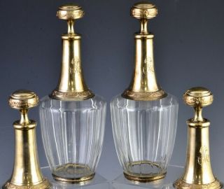 4 EXCEPTIONAL FRENCH GILT STERLING SILVER CUT GLASS DECANTER BOTTLES BACARRAT 2