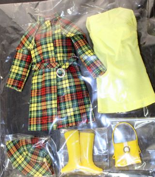 Vintage Barbie Japanese Plaid Yellow Green Red Raincoat Hat Dress Boots Nm/mint