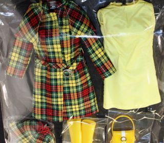 Vintage Barbie Japanese Plaid yellow green red raincoat hat dress boots NM/Mint 3