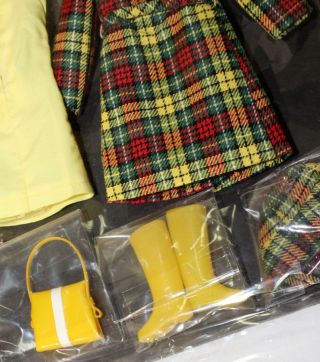 Vintage Barbie Japanese Plaid yellow green red raincoat hat dress boots NM/Mint 4
