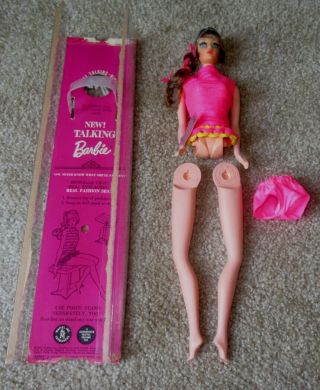 Vintage Mod Talking Barbie Side Ponytail Brownette With Wrist Tag Partial Box