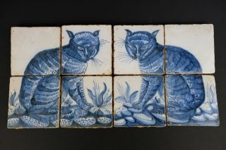 Lovely Pair Old Dutch Delft Blue And White Tile Pictures,  Cats
