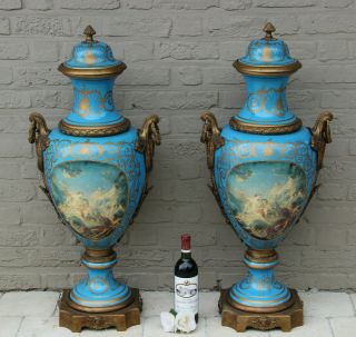Xxl 37.  4 " Pair French Bronze Vases Urns In Sevres Porcelain Victorian Scene